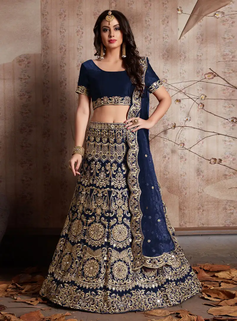 Navy Blue Velvet Silk Bridal Lehenga Choli 137070