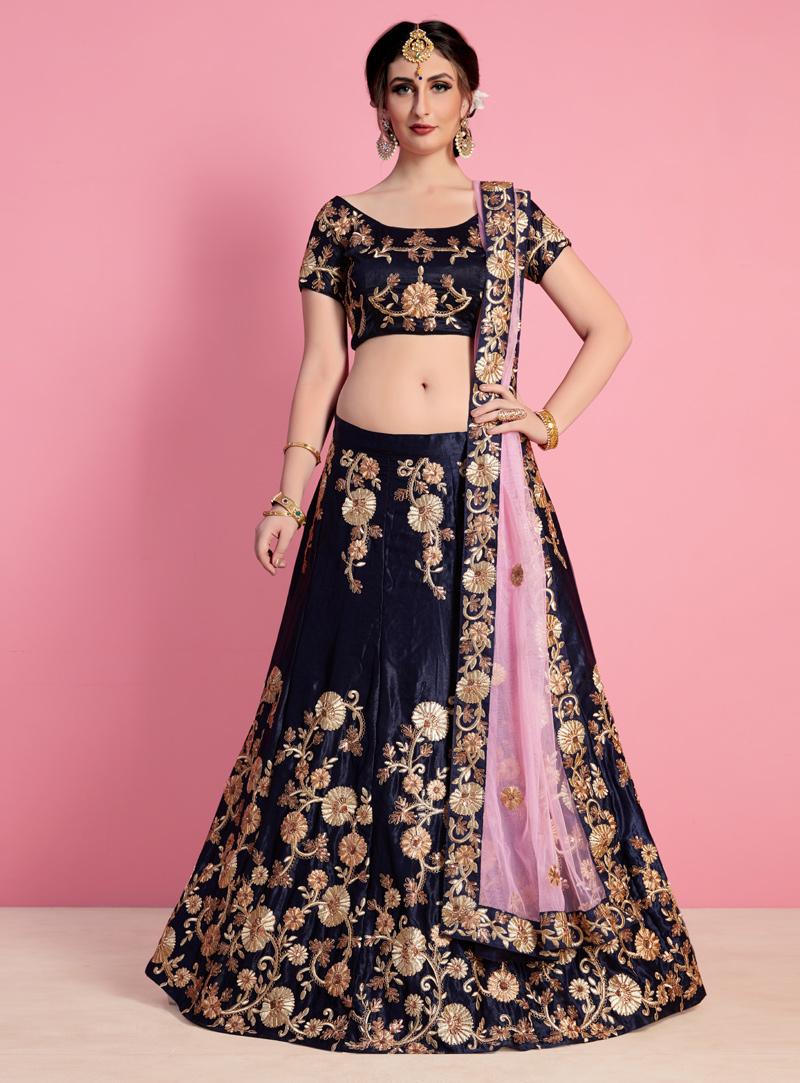 Navy Blue Velvet Silk  A Line Lehenga Choli 135086