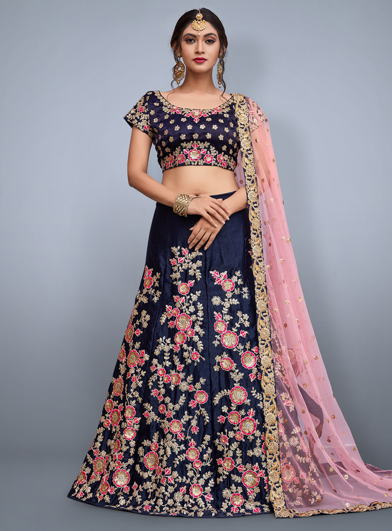 Navy Blue Velvet Silk Lehenga Choli 135071