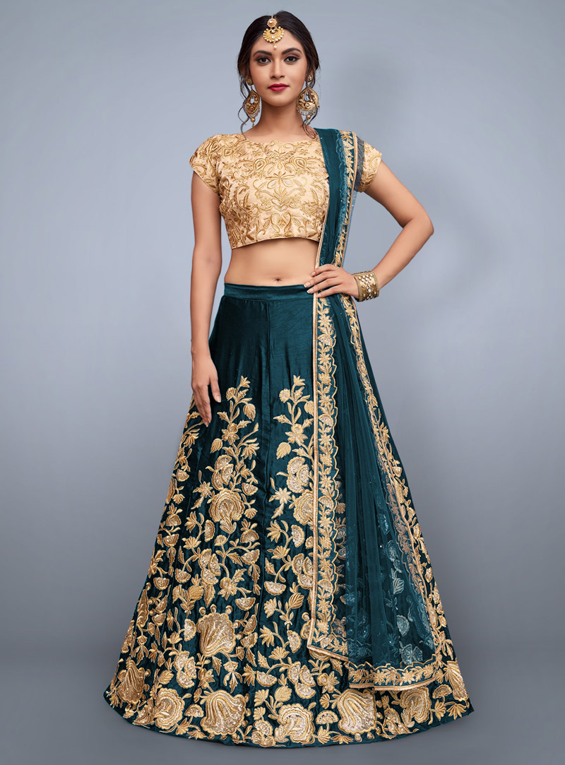 Teal Velvet Silk A Line Lehenga Choli 139205