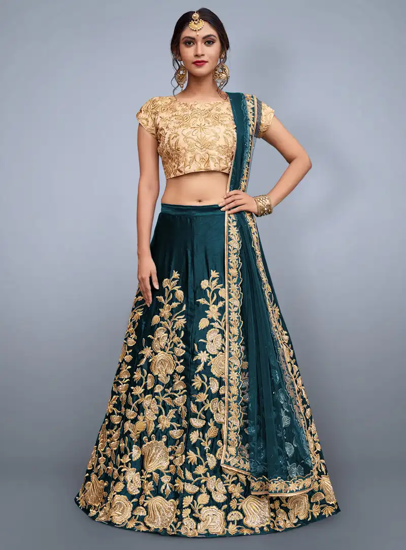 Teal Velvet Silk A Line Lehenga Choli 139205