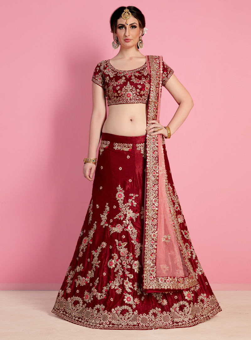 Maroon Velvet Silk  Bridal Lehenga Choli 135094