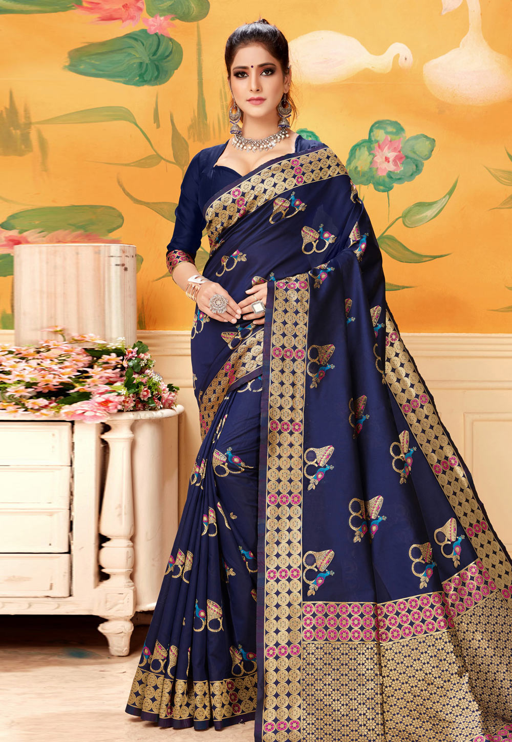 Navy Blue Silk Festival Wear Saree 192771