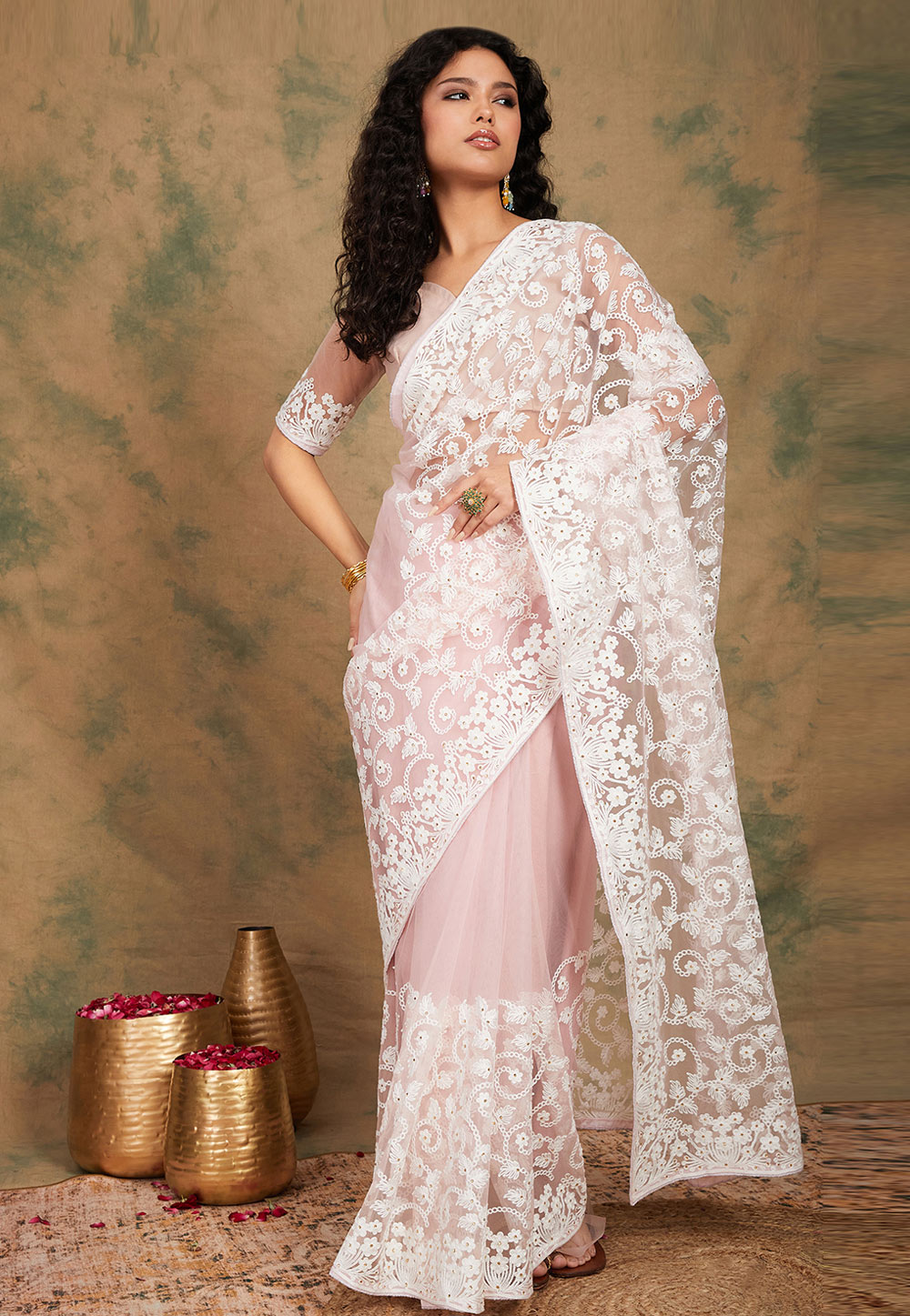 Light Pink Net Saree With Blouse 277645