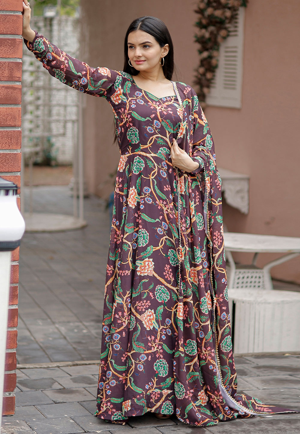 Wine Faux Georgette Printed Gown 267622