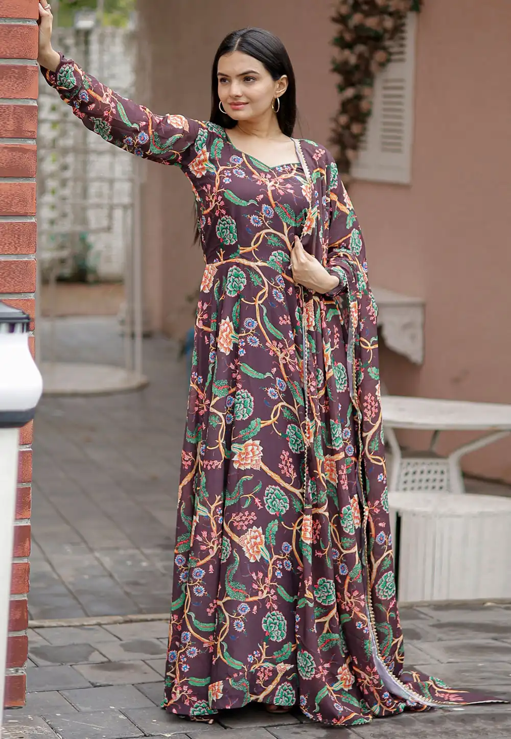 Wine Faux Georgette Printed Gown 267622