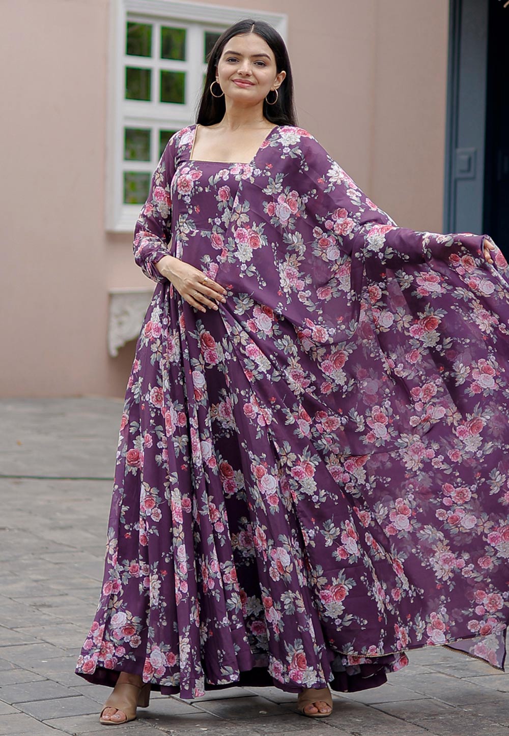 Purple Faux Georgette Printed Gown 267623