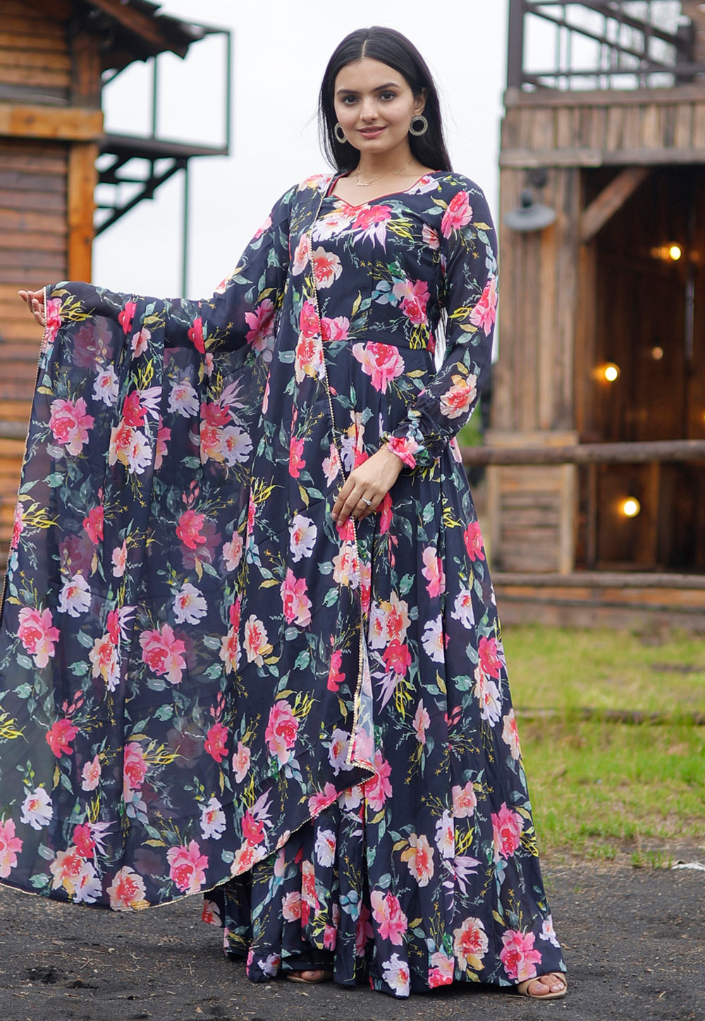 Navy Blue Faux Georgette Printed Gown 267624