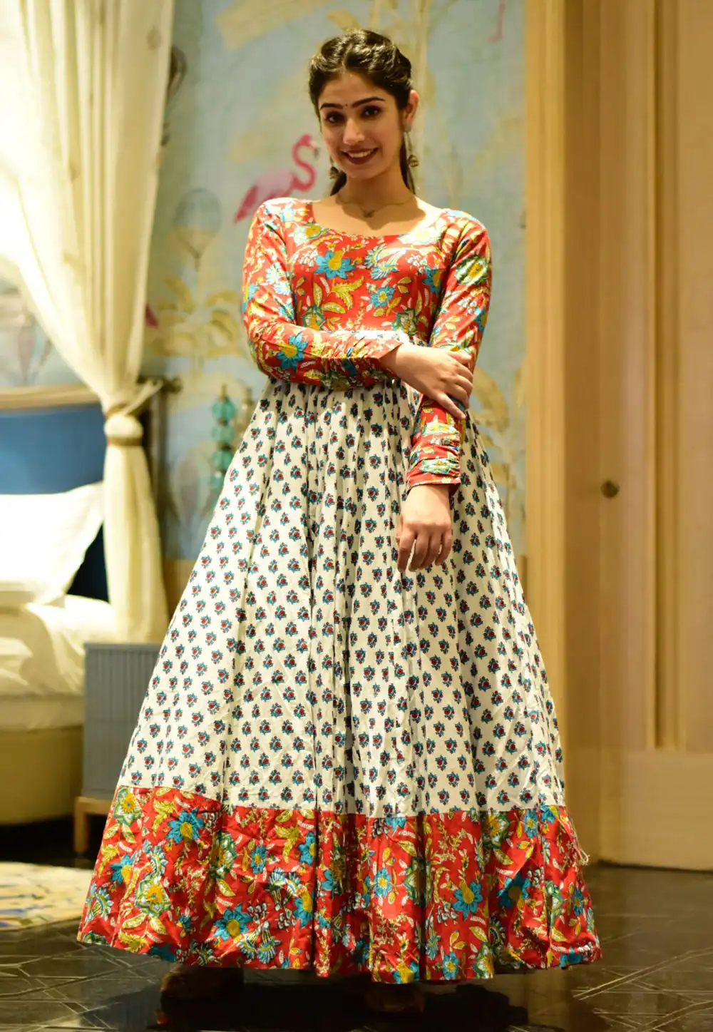 Off White Cotton Silk Printed Gown 261880