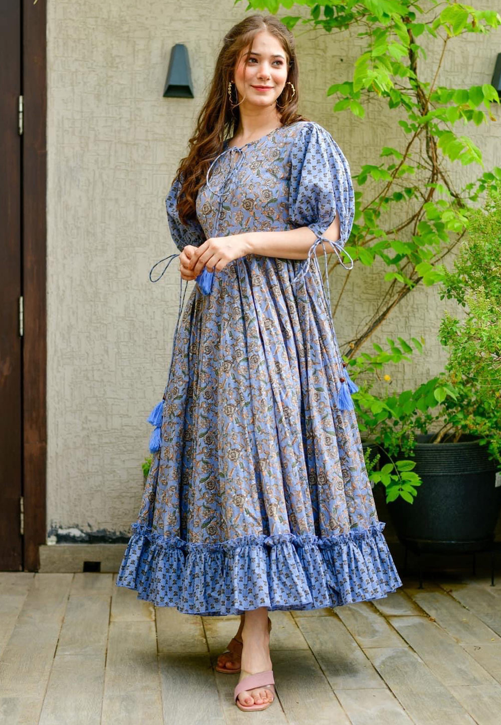 Blue Cotton Silk Printed Gown 261883