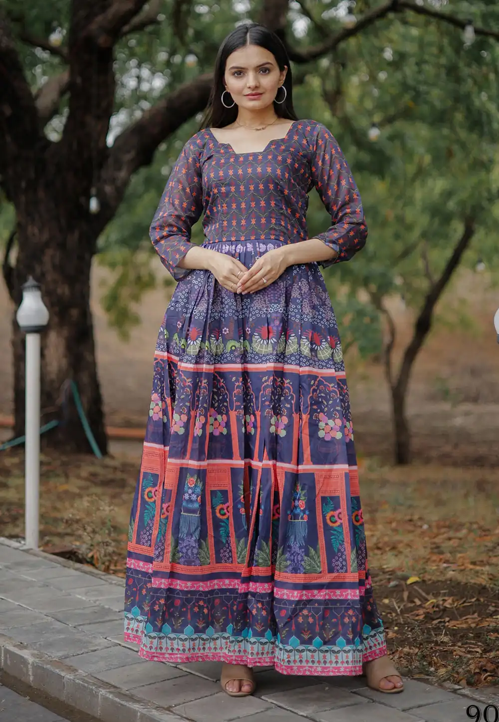 Navy Blue Chanderi Printed Gown 266796