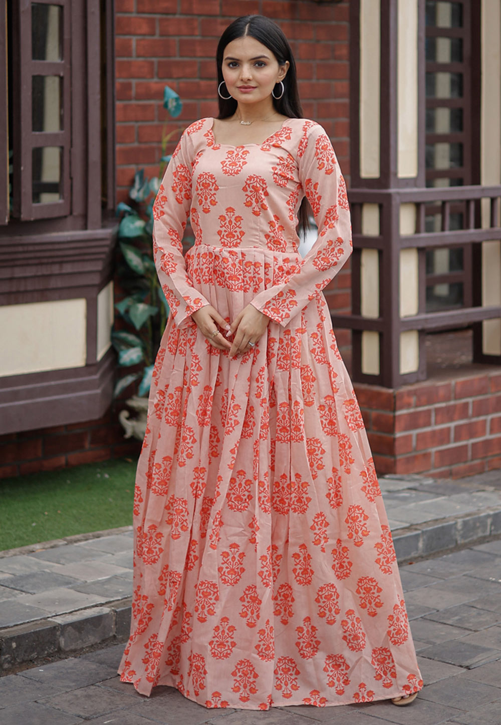 Peach Chanderi Printed Gown 266797
