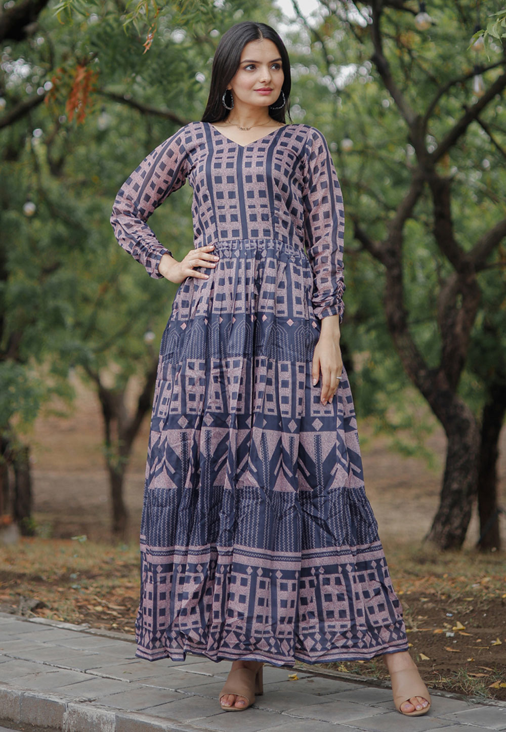 Navy Blue Chanderi Printed Gown 266799