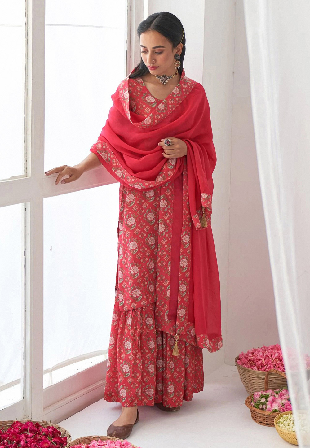 Red Muslin Readymade Sharara Suit 250888