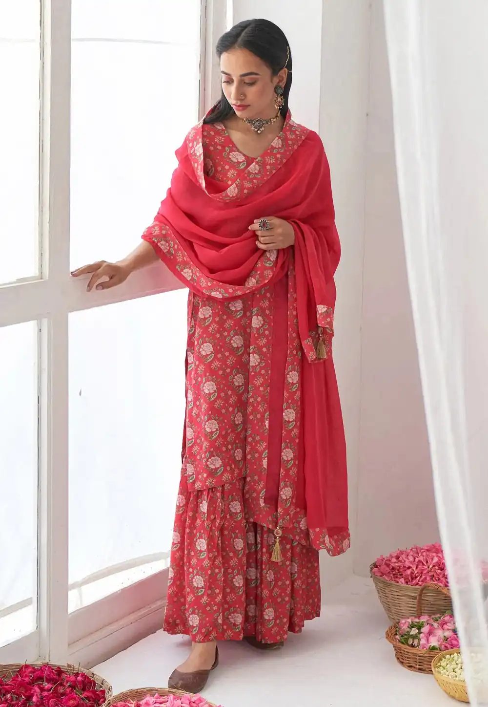 Red Muslin Readymade Sharara Suit 250888