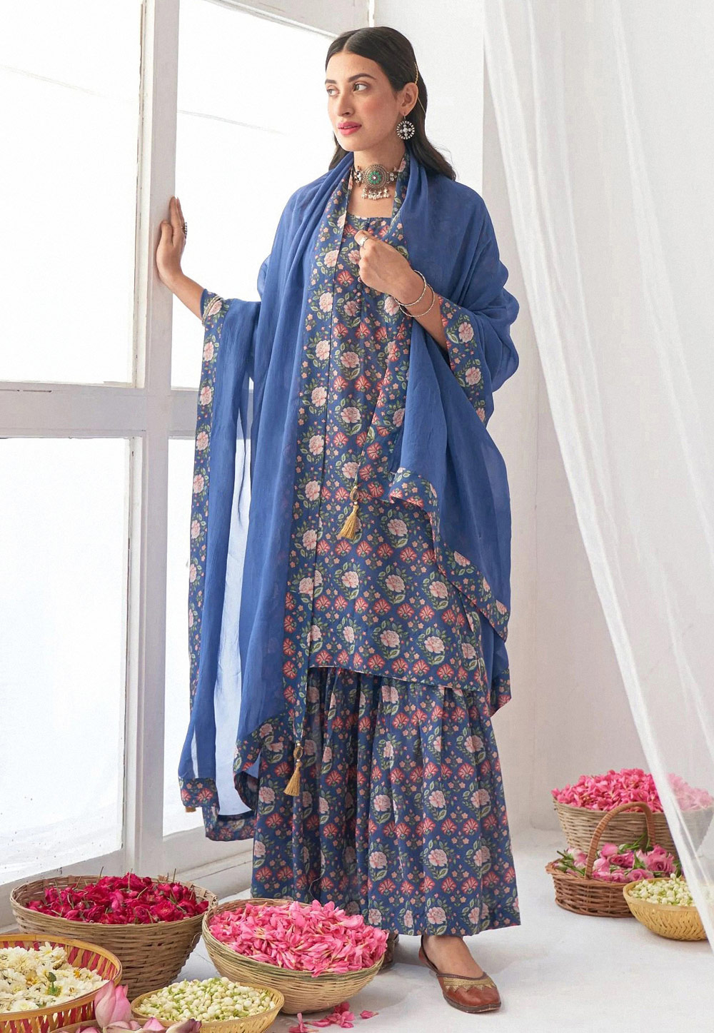 Blue Muslin Readymade Sharara Suit 250889
