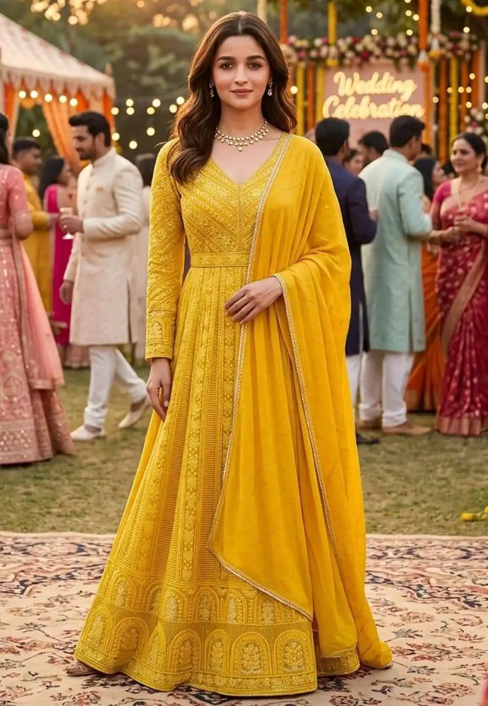 Alia Bhatt Yellow Georgette Readymade Anarkali Suit 328021