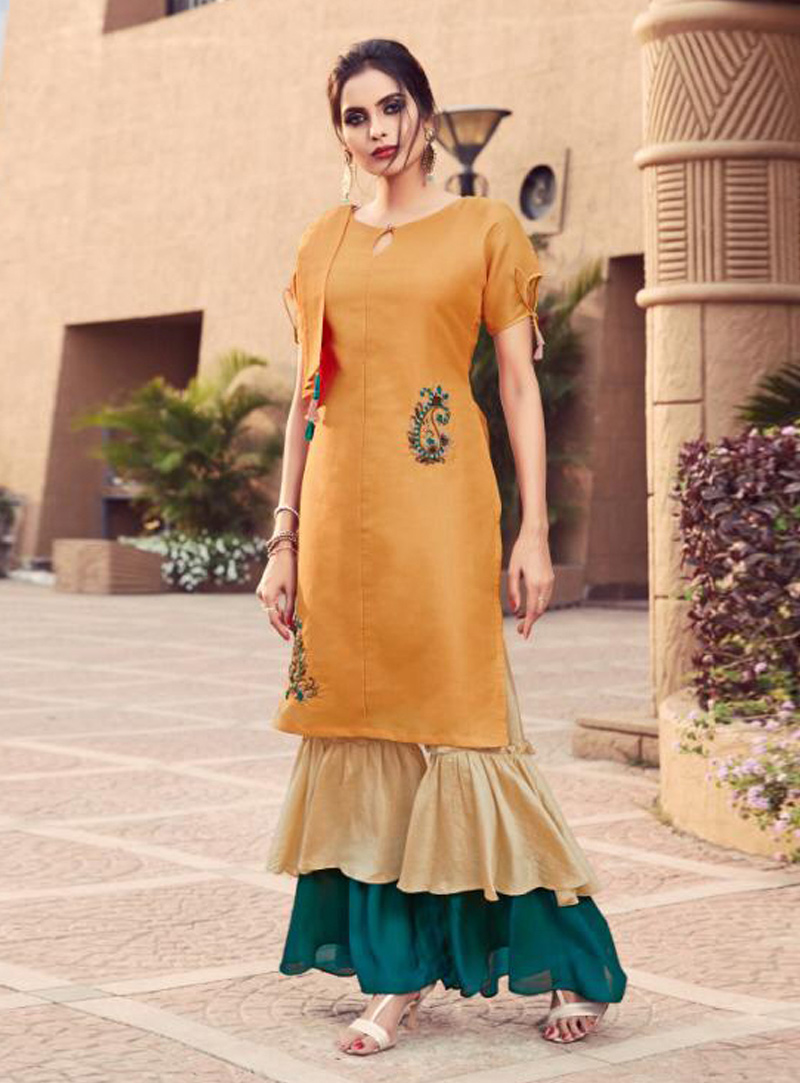 Mustard Satin Double Layered Sharara Suit 148882