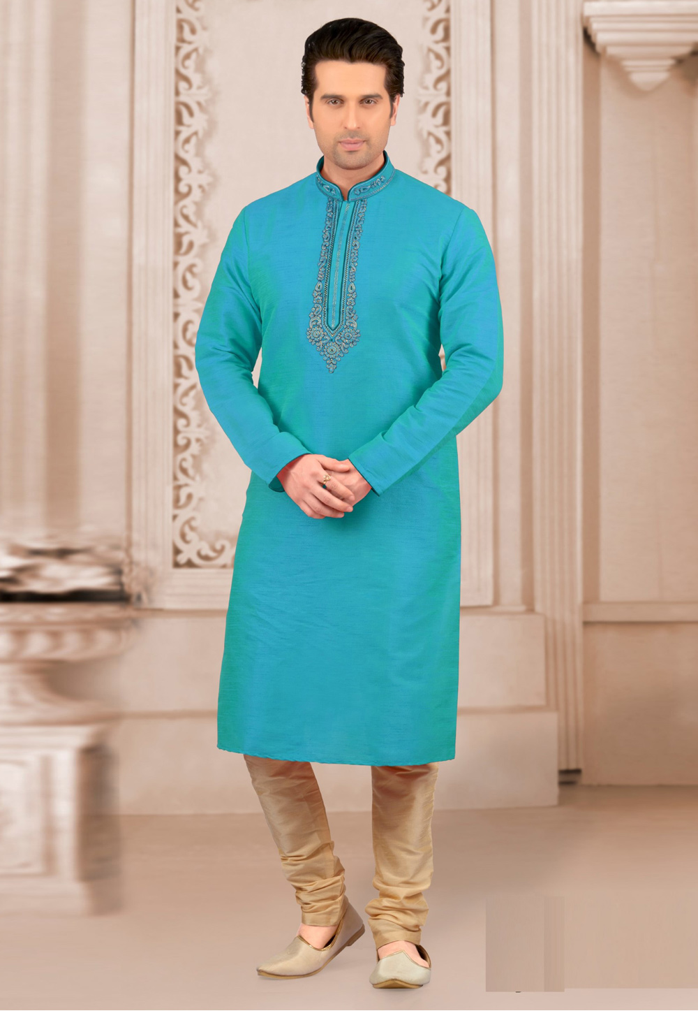 Aqua Dupion Silk Kurta Pajama 309766