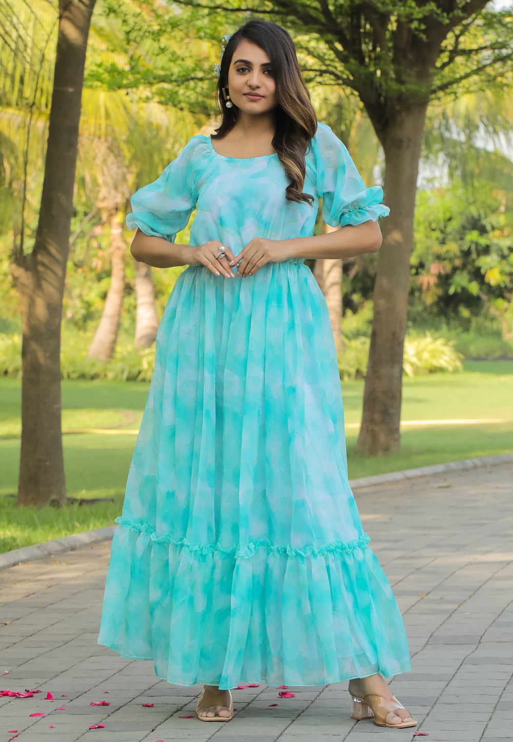 Aqua Georgette Printed Gown 284512