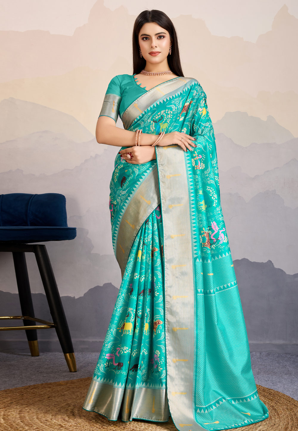 Aqua Satin Saree With Blouse 308243