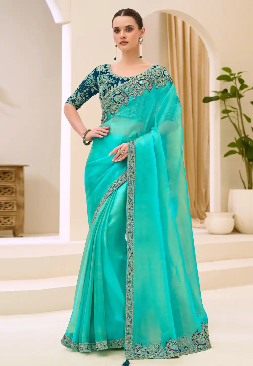 Aqua Tissue Saree With Blouse 326403