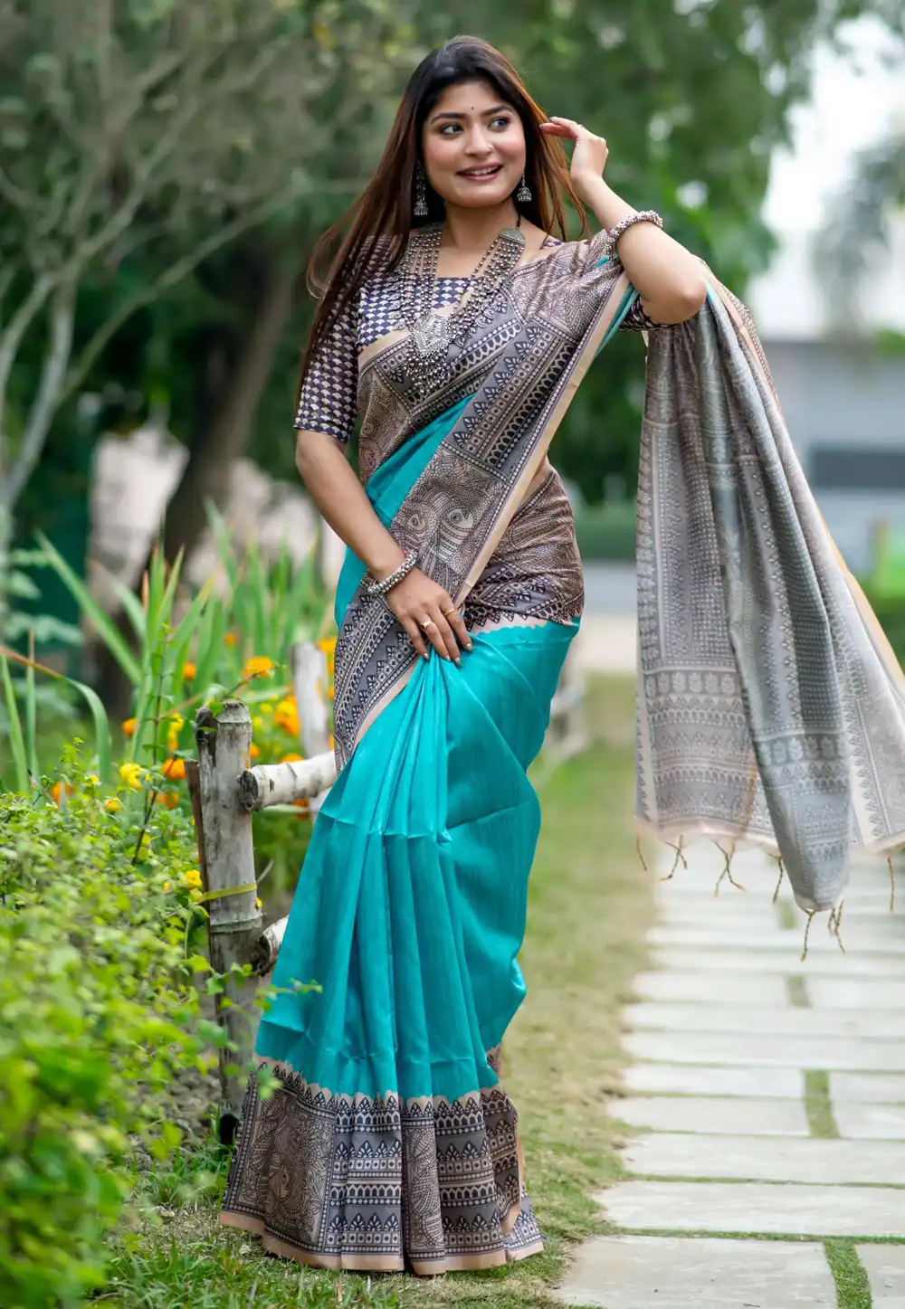 Aqua Tussar Silk Saree With Blouse 285376