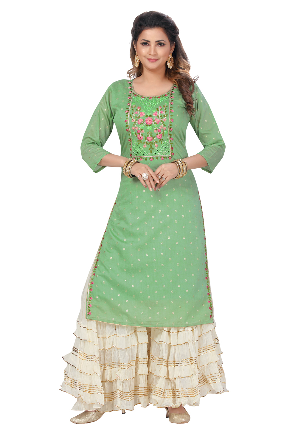 Light Green Silk Kurta Set With Sharara 239393