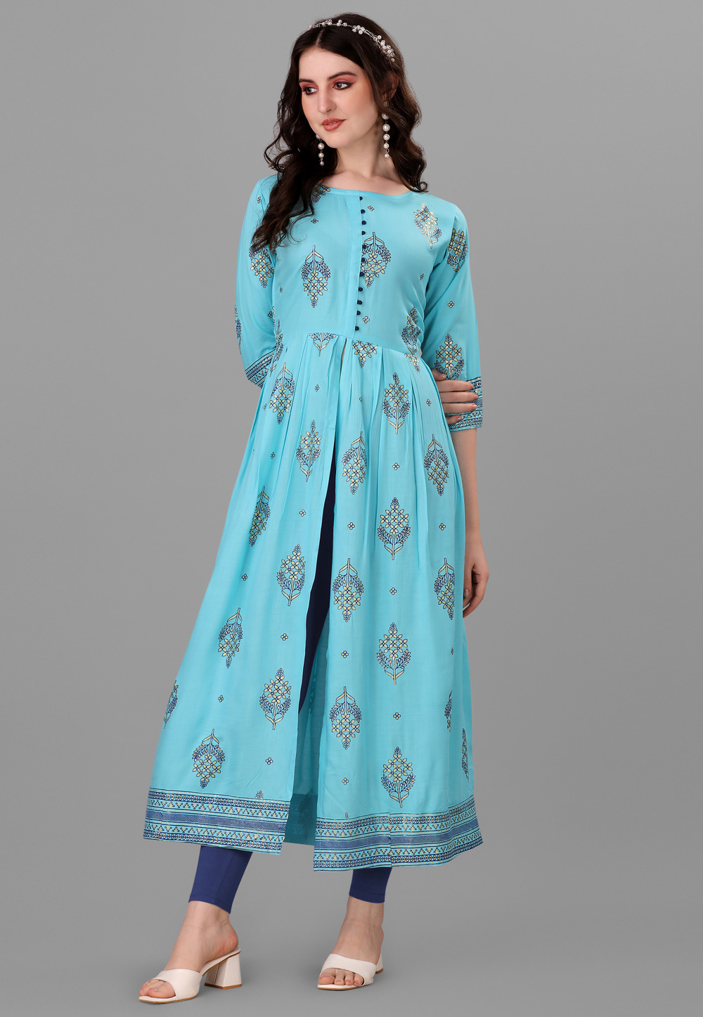 Sky Blue Rayon Long Tunic 258429