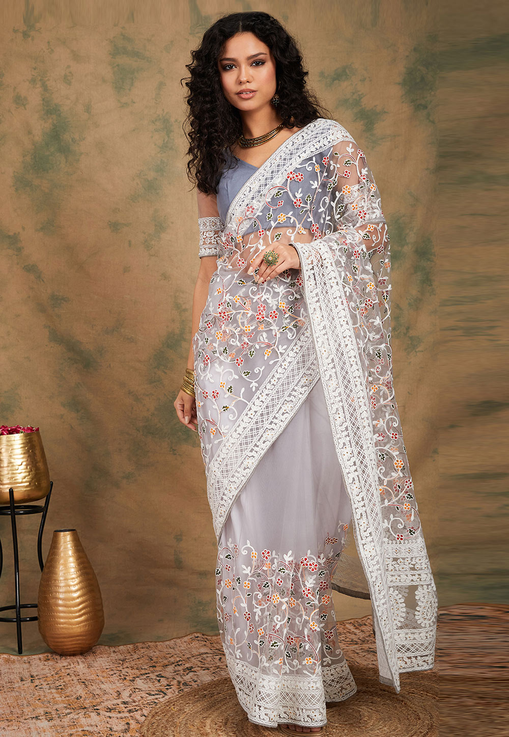 Grey Net Saree With Blouse 277649