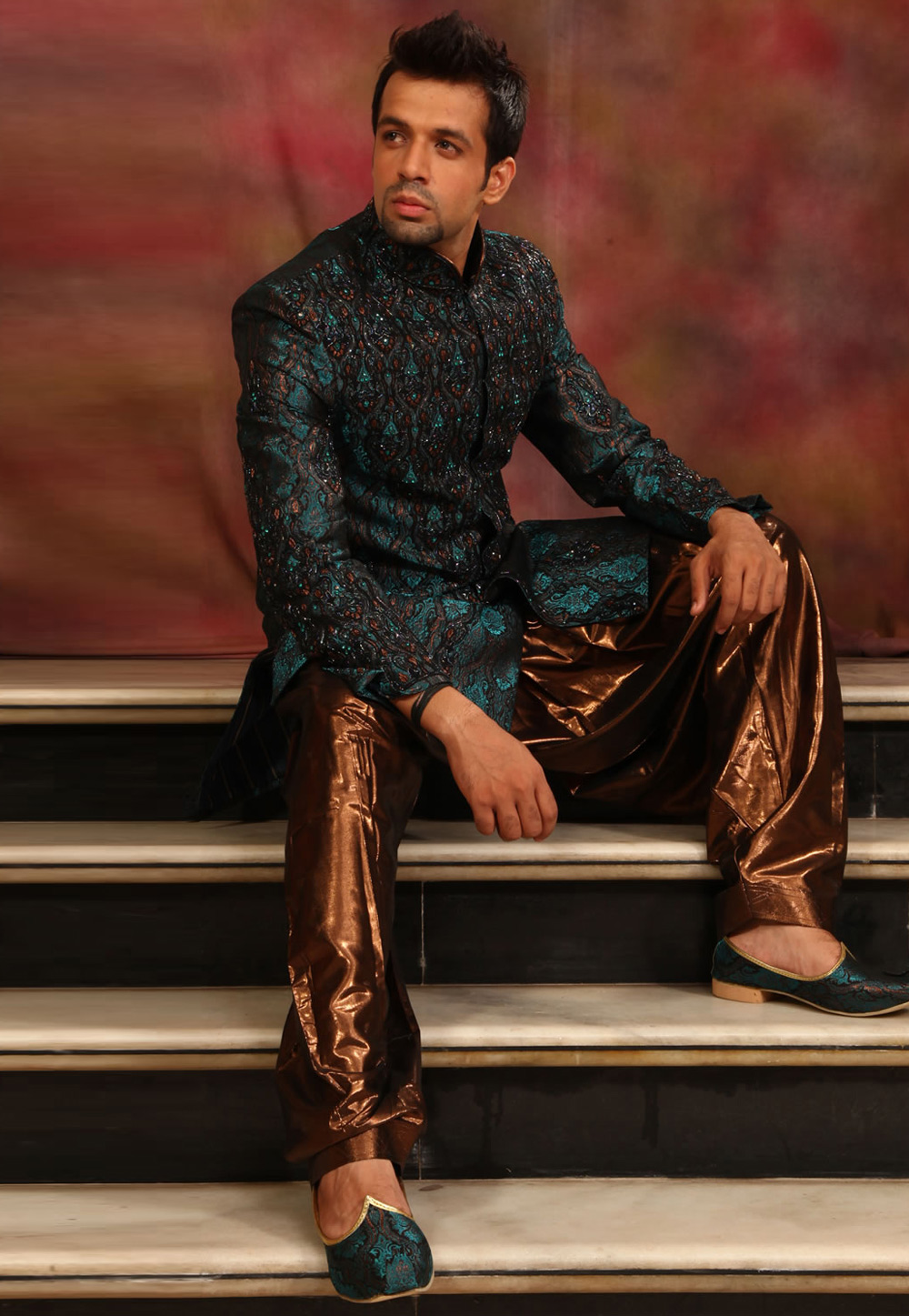 Turquoise Silk Readymade Indo Western Suit 204383