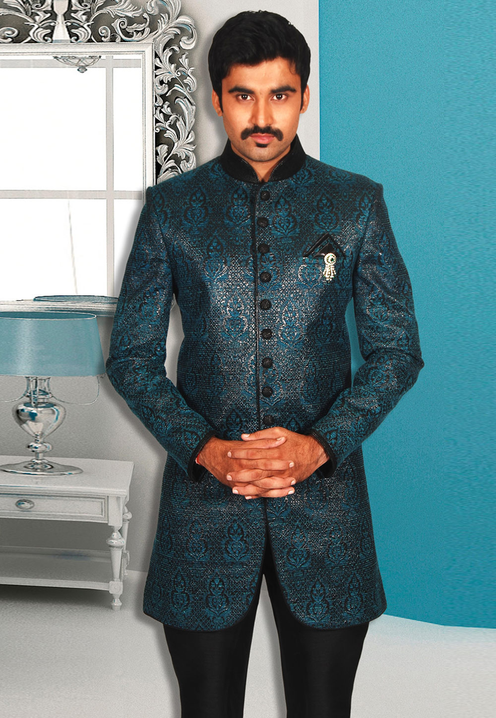Blue Dupion Readymade Jodhpuri Suit 204398