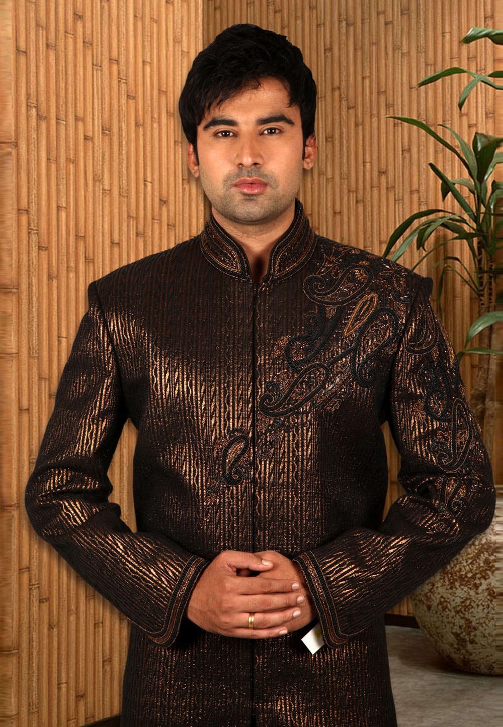 Brown Shimmer Readymade Indo Western Suit 204405