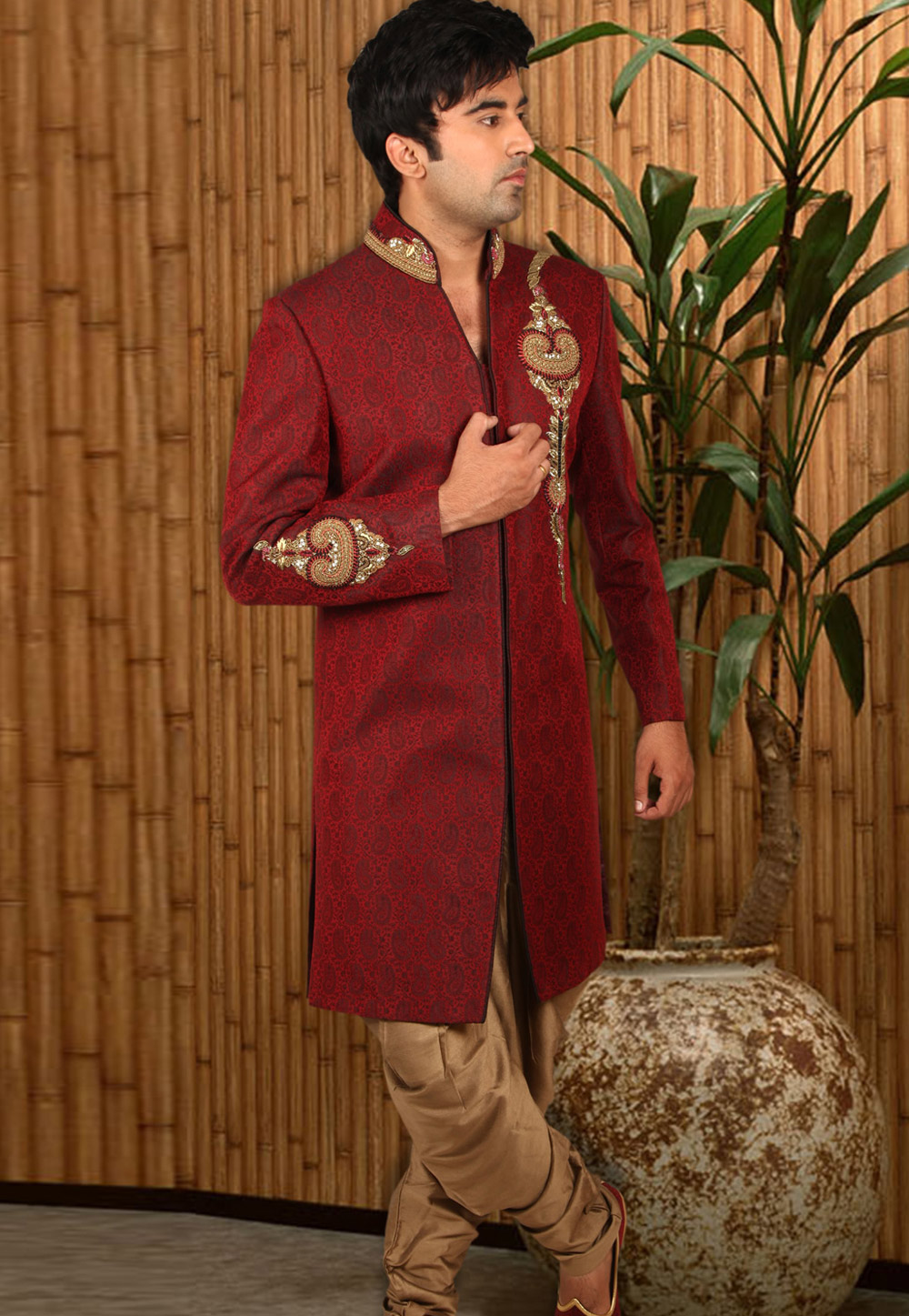 Maroon Brocade Readymade Indo Western Suit 204407