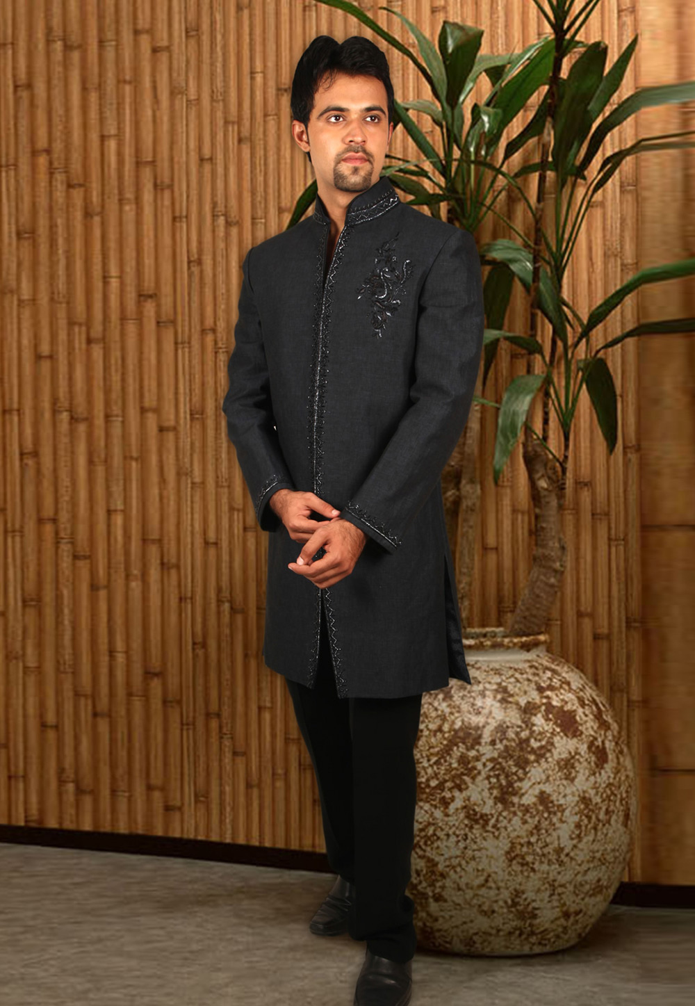 Dark Gray Linen Readymade Jodhpuri Suit 204416