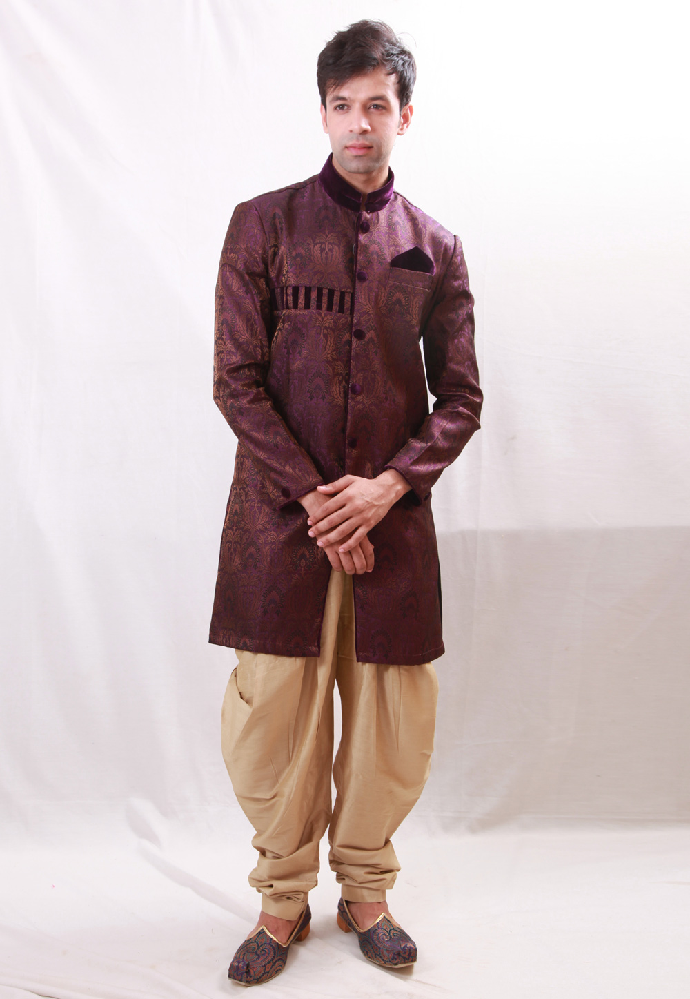 Purple Cotton Silk Readymade Indo Western Kurta 204424