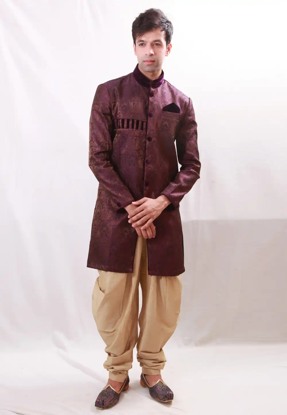 Purple Cotton Silk Readymade Indo Western Kurta 204424