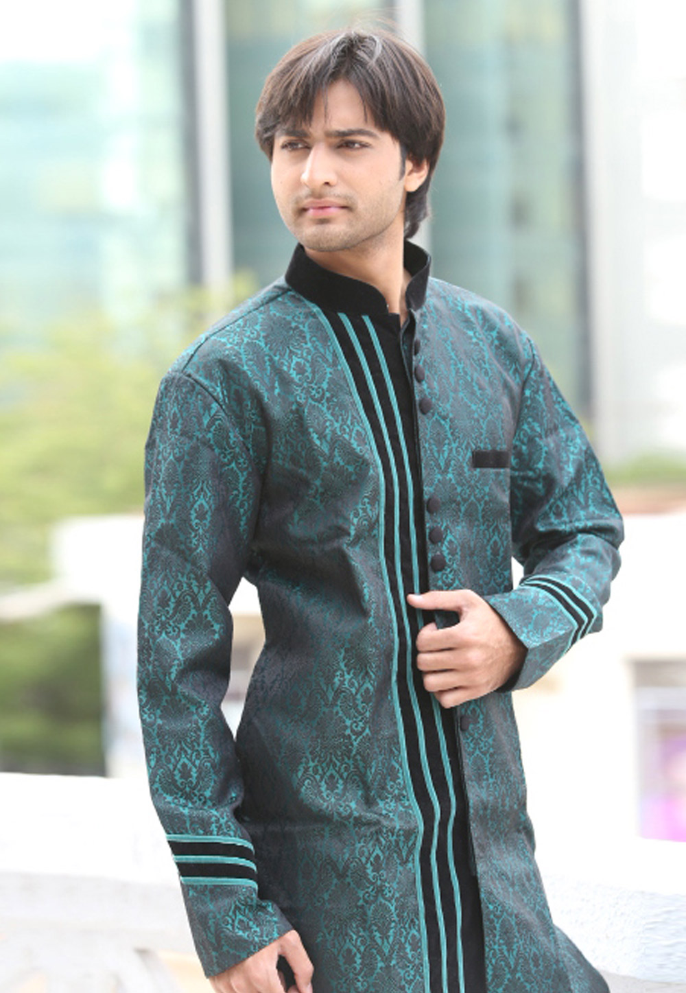 Aqua Brocade Readymade Indo Western Kurta 204425