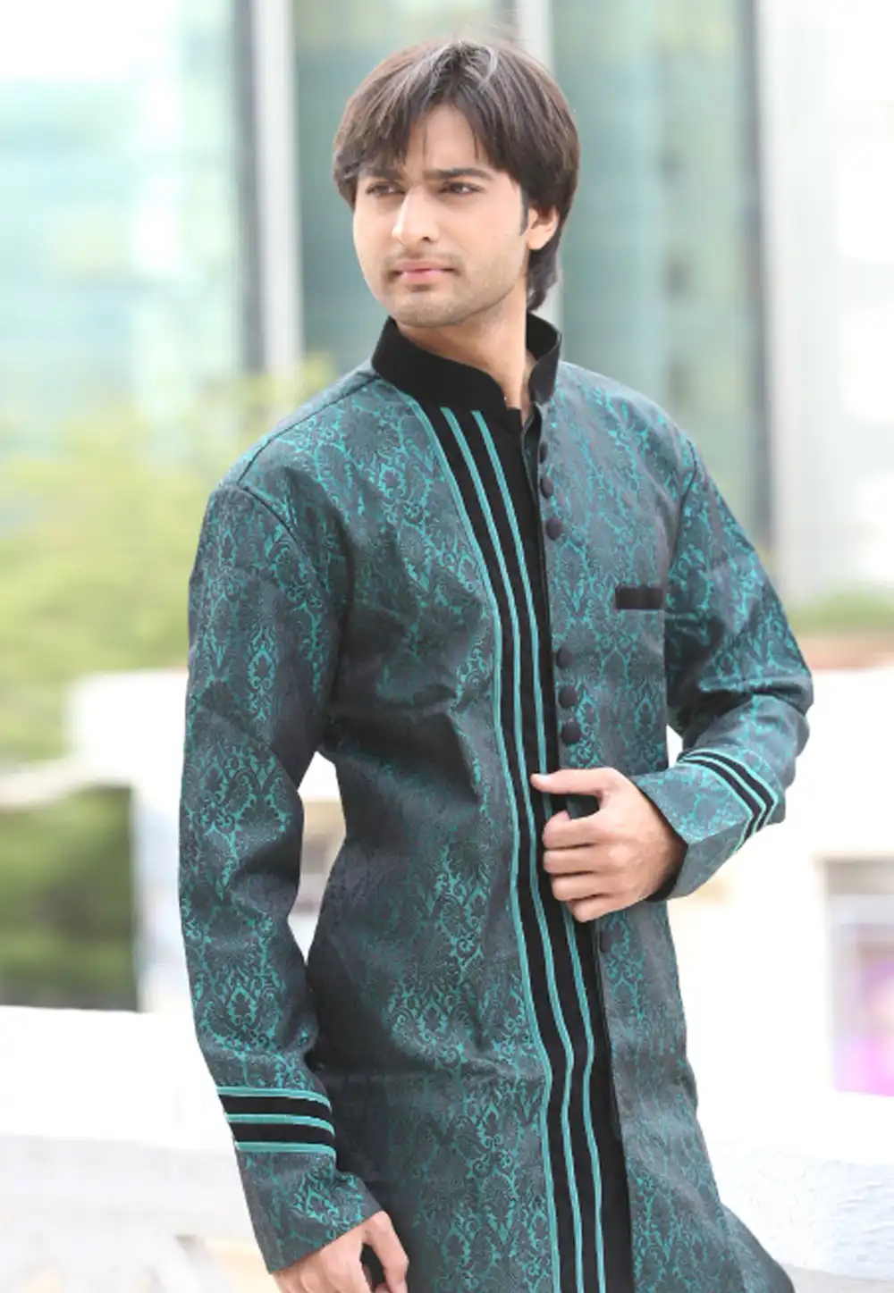 Aqua Brocade Readymade Indo Western Kurta 204425