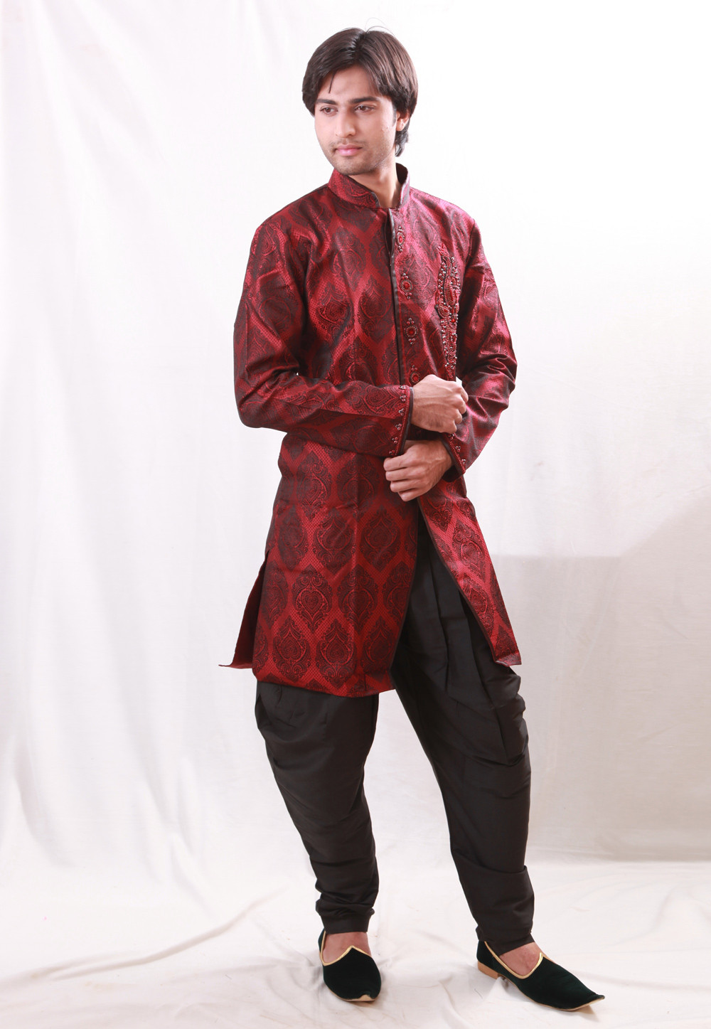 Red Brocade Readymade Indo Western Kurta 204427