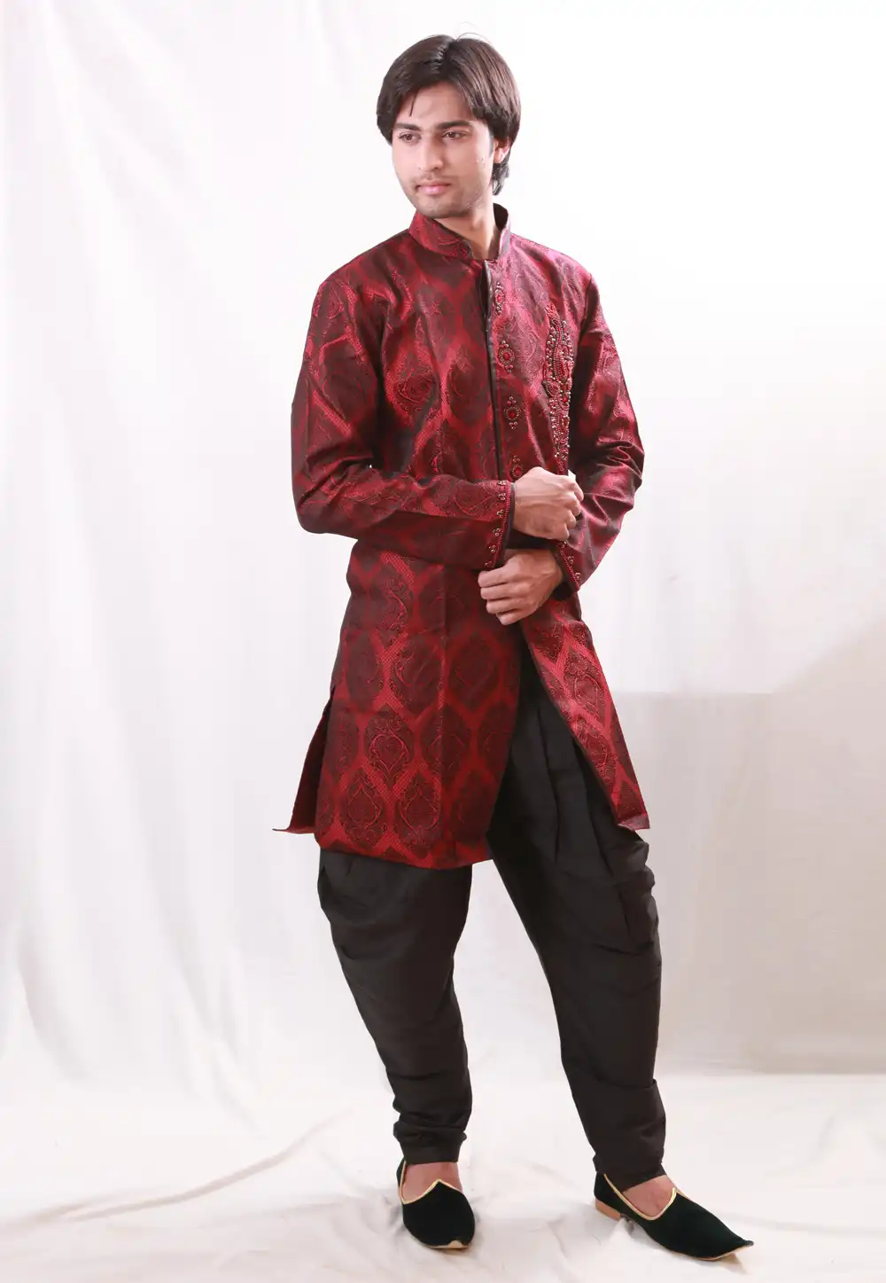 Red Brocade Readymade Indo Western Kurta 204427