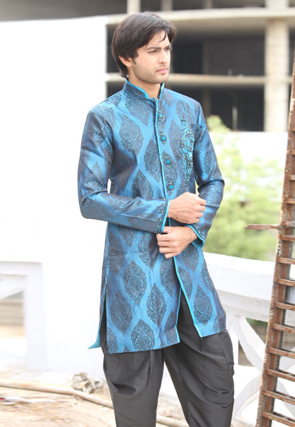 Aqua Brocade Readymade Indo Western Kurta 204428