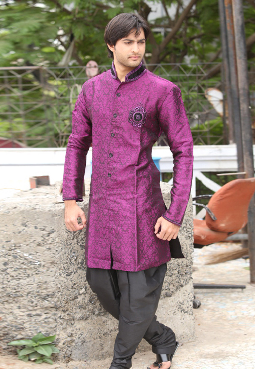 Magenta Brocade Readymade Indo Western Kurta 204432