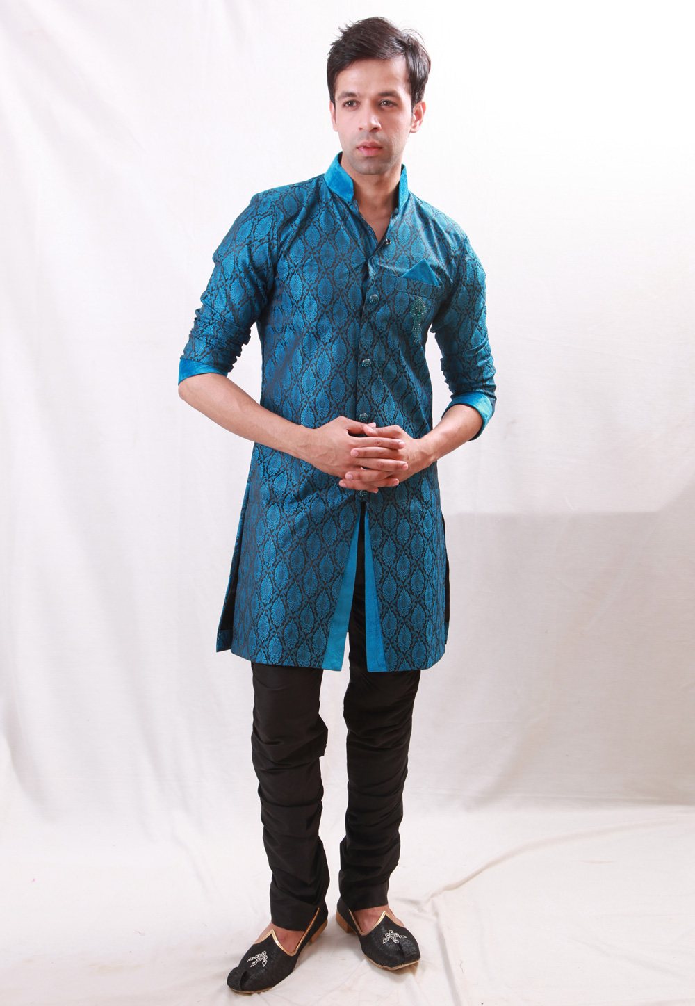 Aqua Brocade Readymade Indo Western Kurta 204433