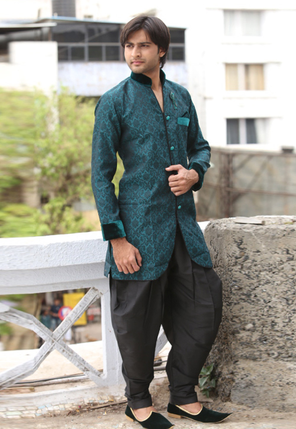 Turquoise Brocade Readymade Indo Western Kurta 204434