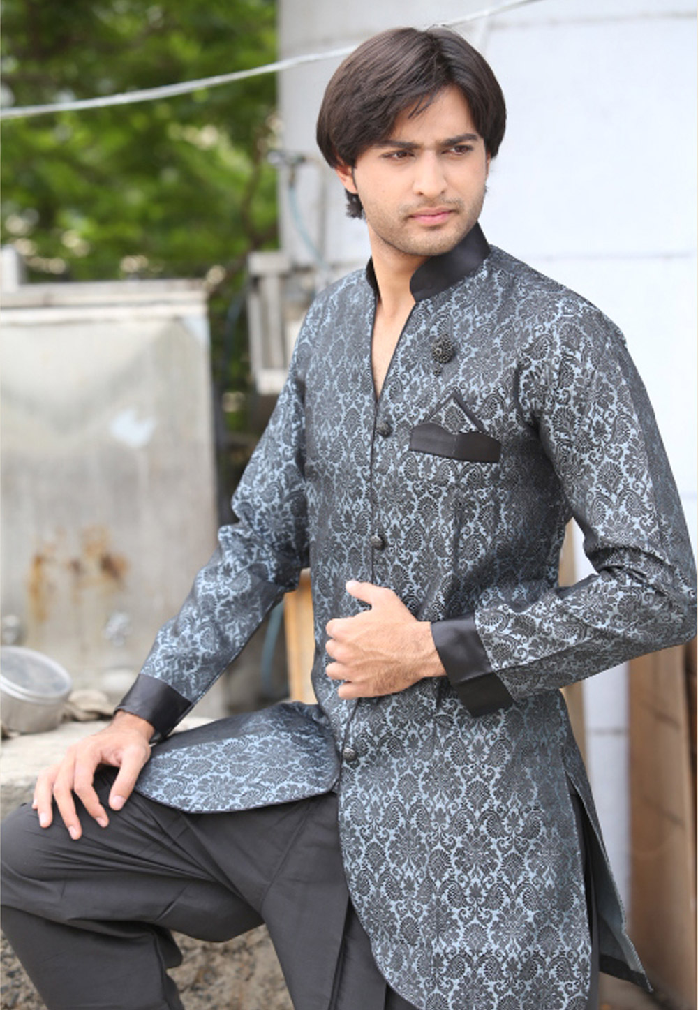 Gray Brocade Readymade Indo Western Kurta 204435