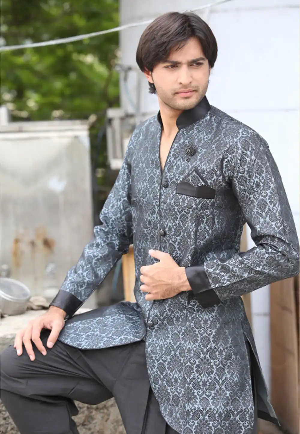 Gray Brocade Readymade Indo Western Kurta 204435