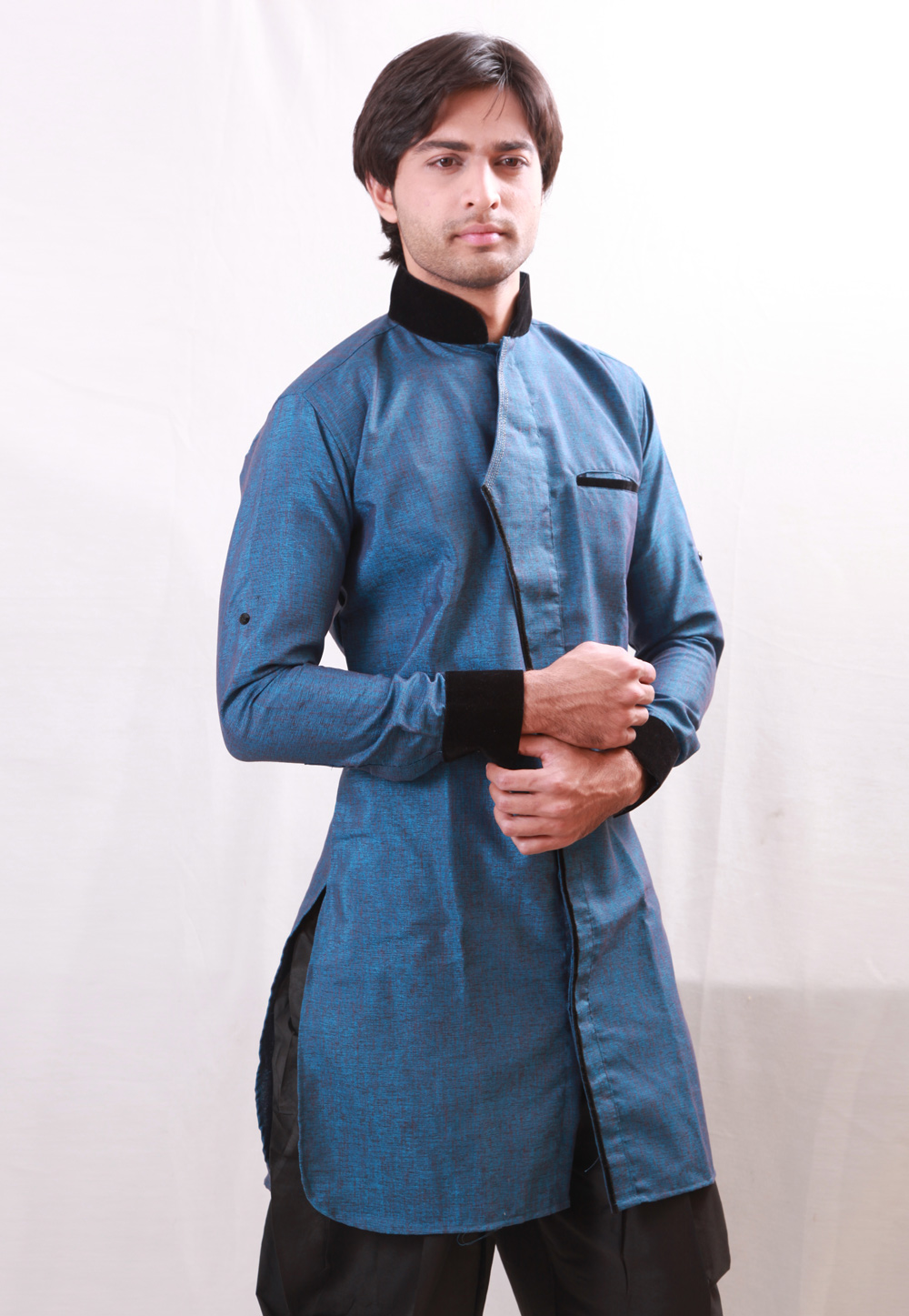 Blue Linen Readymade Indo Western Kurta 204437