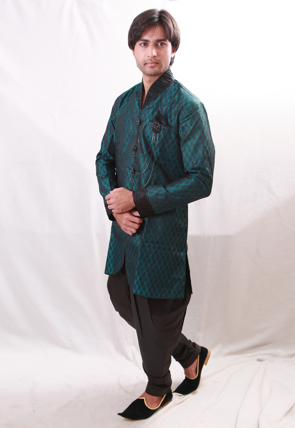 Teal Brocade Readymade Indo Western Kurta 204439