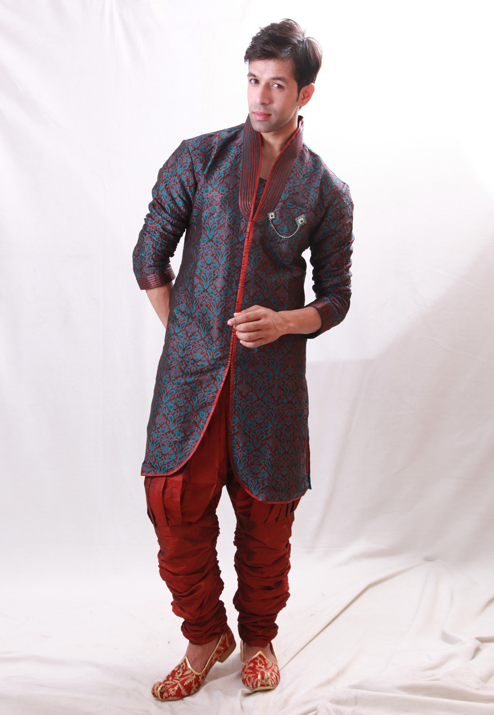 Blue Brocade Readymade Indo Western Suit 204442